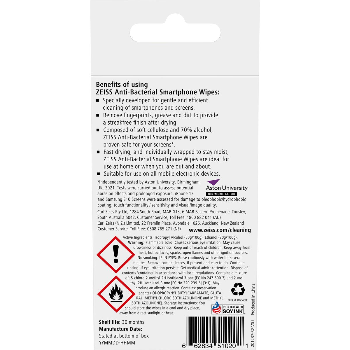 Zeiss Anti-bacterial Smartphone Wipes 30 Pack