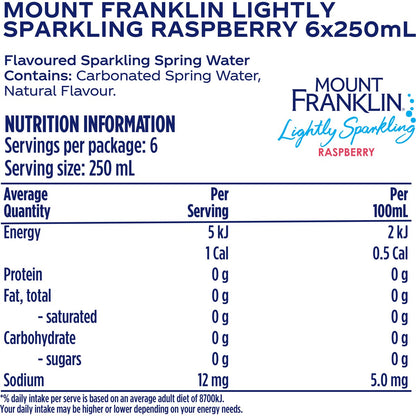 Mount Franklin Lightly Sparkling Water Raspberry Cans 250mL x 6 pack