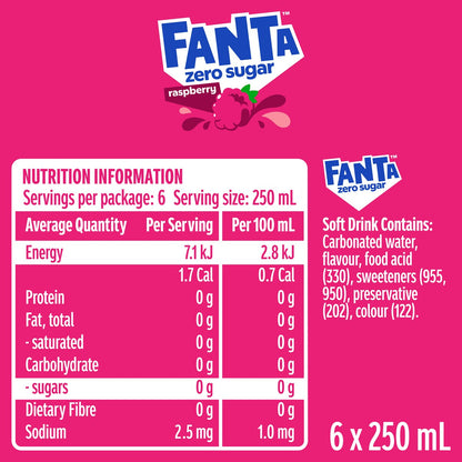 Fanta Raspberry Zero Sugar Soft Drink Mini Cans 250ml X 6 Pack