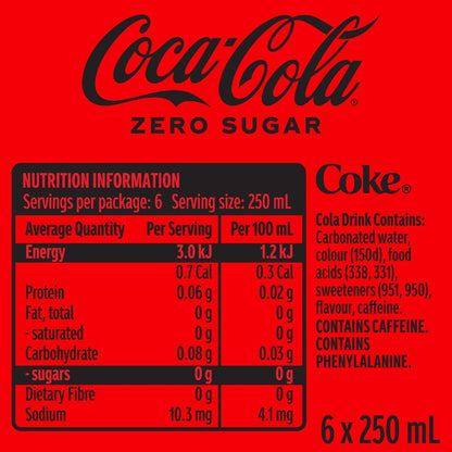 Coca - Cola Zero Sugar Soft Drink Mini Cans 6 X 250ml