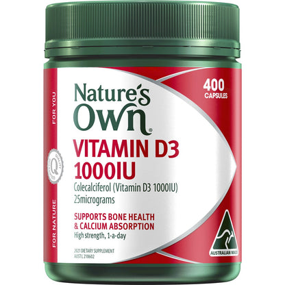 Natures Own Vitamin D 1000IU D3 Capsules For Bone Health + Immunity 400 pack