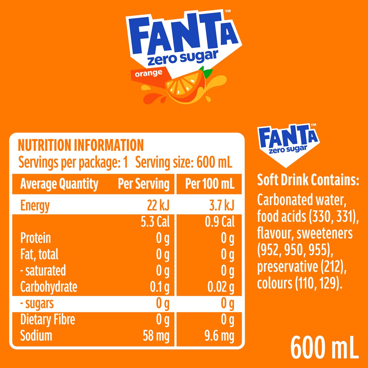 Fanta Orange Zero Sugar Soft Drink Bottles 600mL