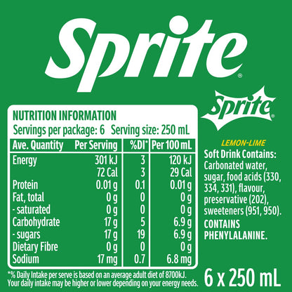 Sprite Lemonade Soft Drink Mini Cans 250ml X 6 Pack
