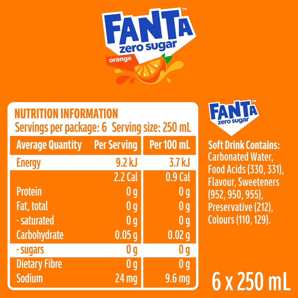 Fanta Orange Zero Sugar Soft Drink Mini Cans 250mL x 6 pack