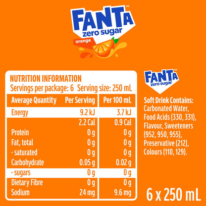 Fanta Orange Zero Sugar Soft Drink Mini Cans 250mL x 6 pack