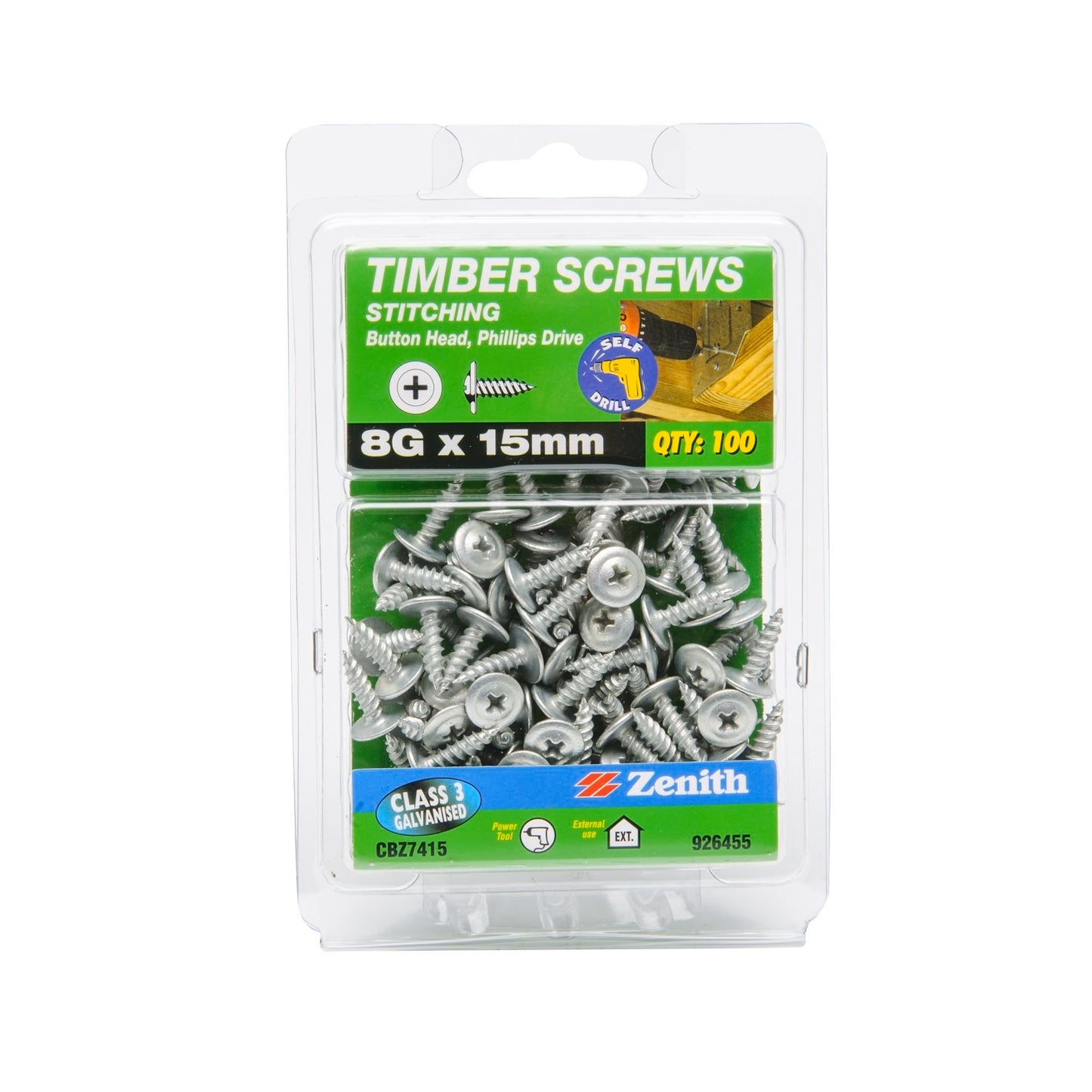 Zenith Galvanised Button Head Timber Screws - 8g x 15mm - 100 Pack
