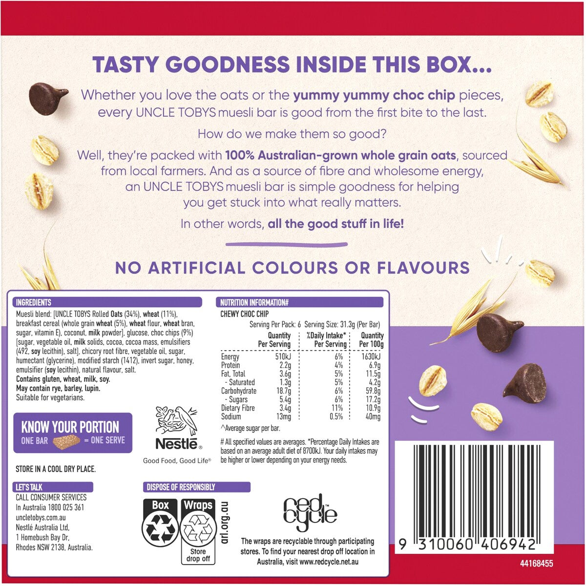 Uncle Tobys Muesli Bars Chewy Choc Chip 6 pack