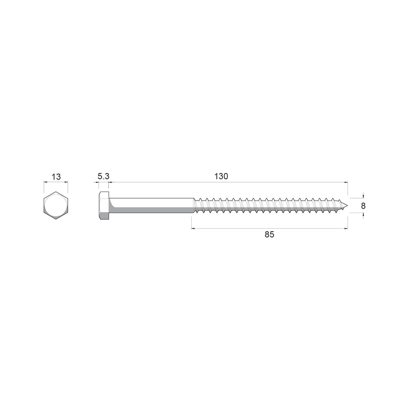 Zenith Hex Head Coach Screws - M8 x 130mm - Stainless Steel - 12 Pack