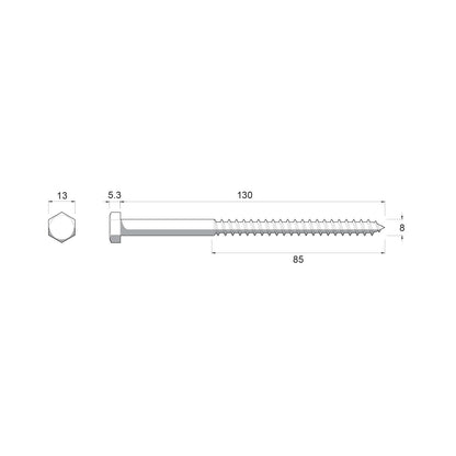 Zenith Hex Head Coach Screws - M8 x 130mm - Stainless Steel - 12 Pack