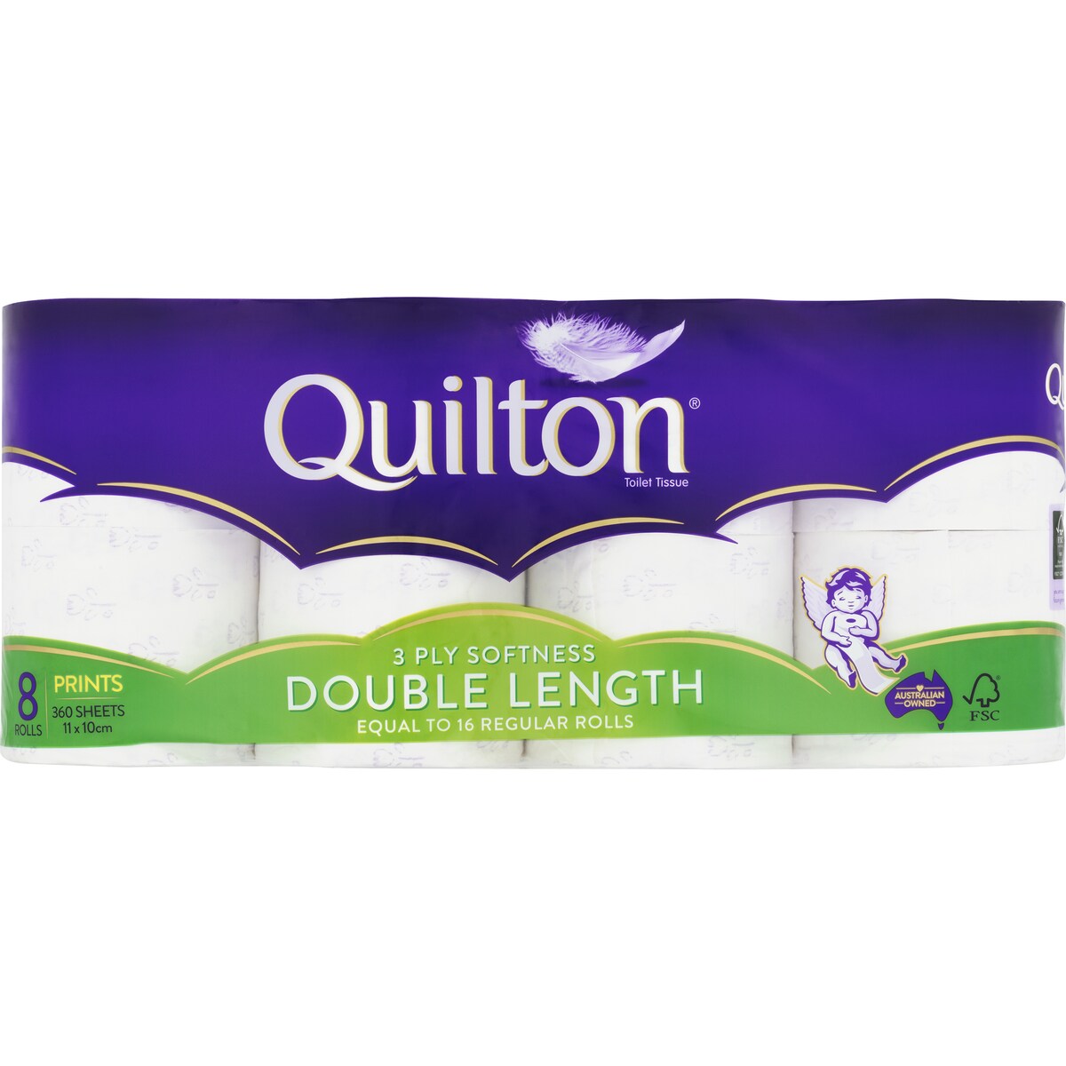 Quilton Double Length Toilet Tissue 3 Ply Prints 360 Sheets 8 Pack