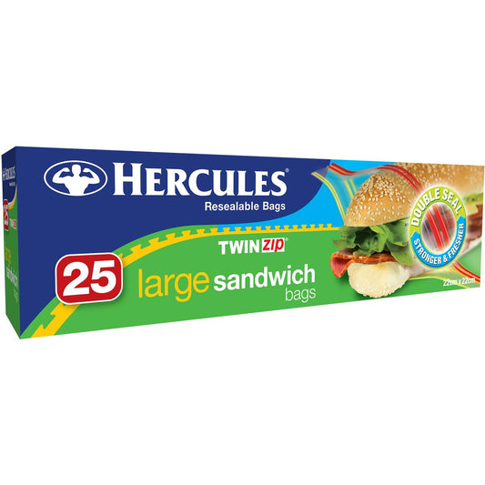 Hercules Click Zip Large Resealable Twinzip Sandwich Bags 25 Pack