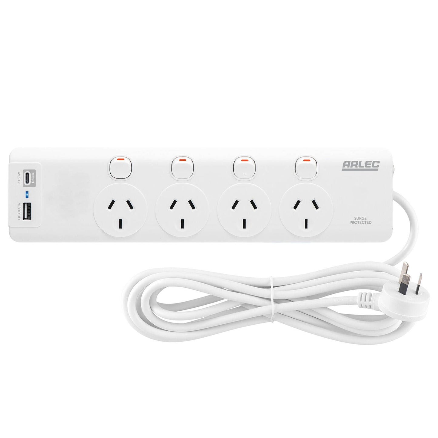 Arlec Surge Powerboard - 4 Outlet - 1.8m - White