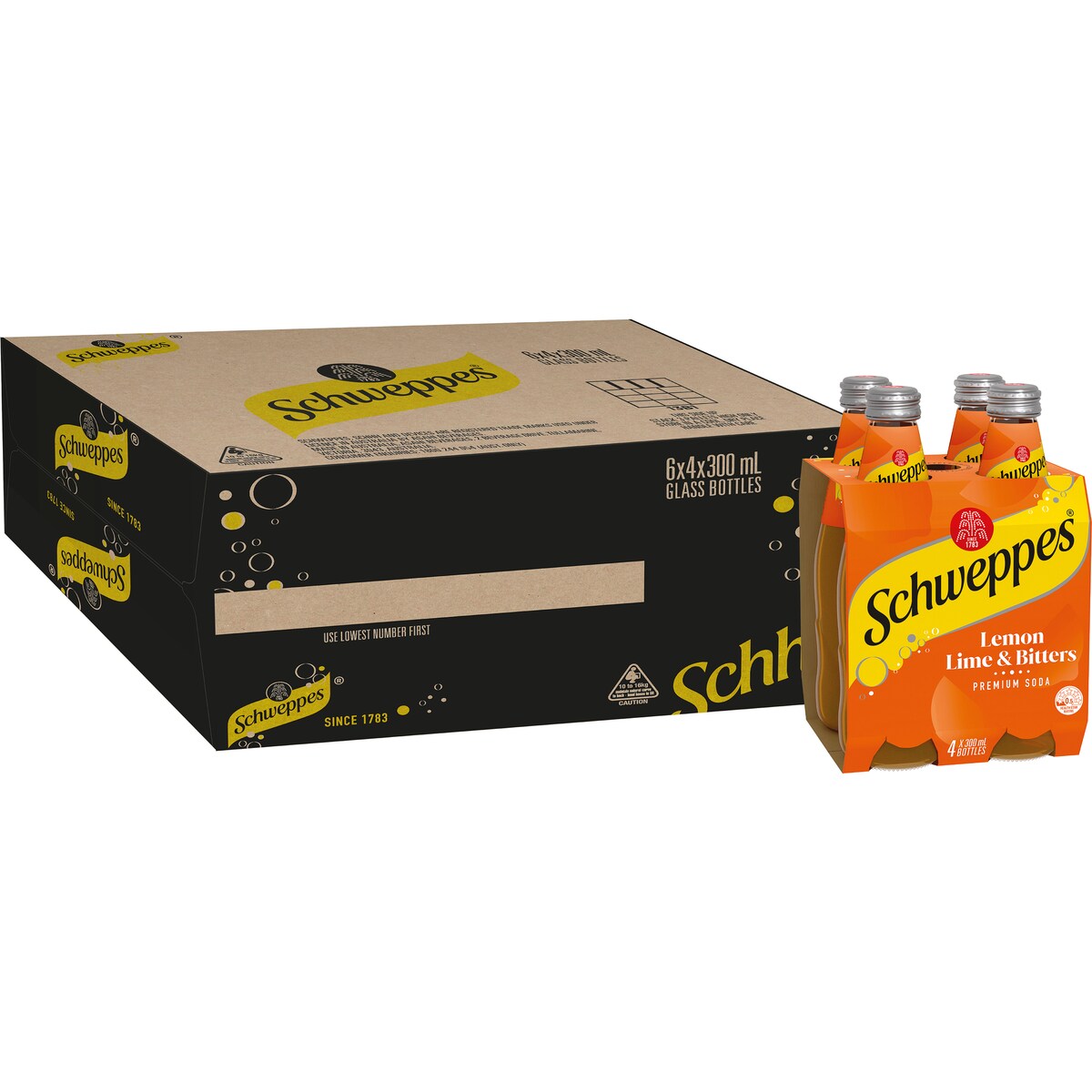 Schweppes Lemon Lime Bitters Soft Drink Mixers Glass Bottle Multipack 300mL x 4 pack