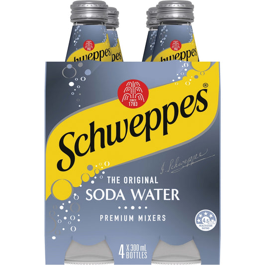 Schweppes Soda Water Bottle Classic Mixers Glass Multipack 300mL x 4 pack