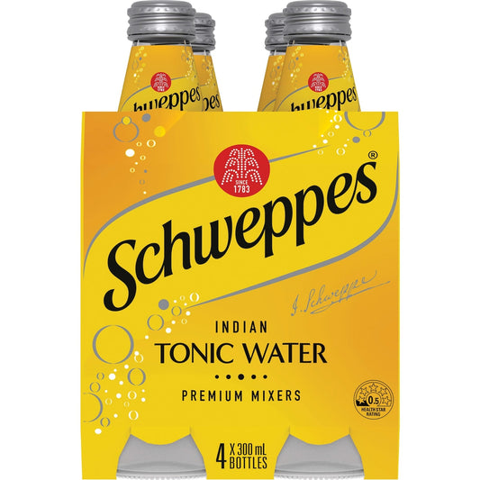 Schweppes Indian Tonic Water Classic Mixers Glass Bottle Multipack 300mL x 4 pack