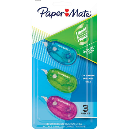 Paper Mate Liquid Paper Dryline I-mini White Out Correction Tape 3 Pack