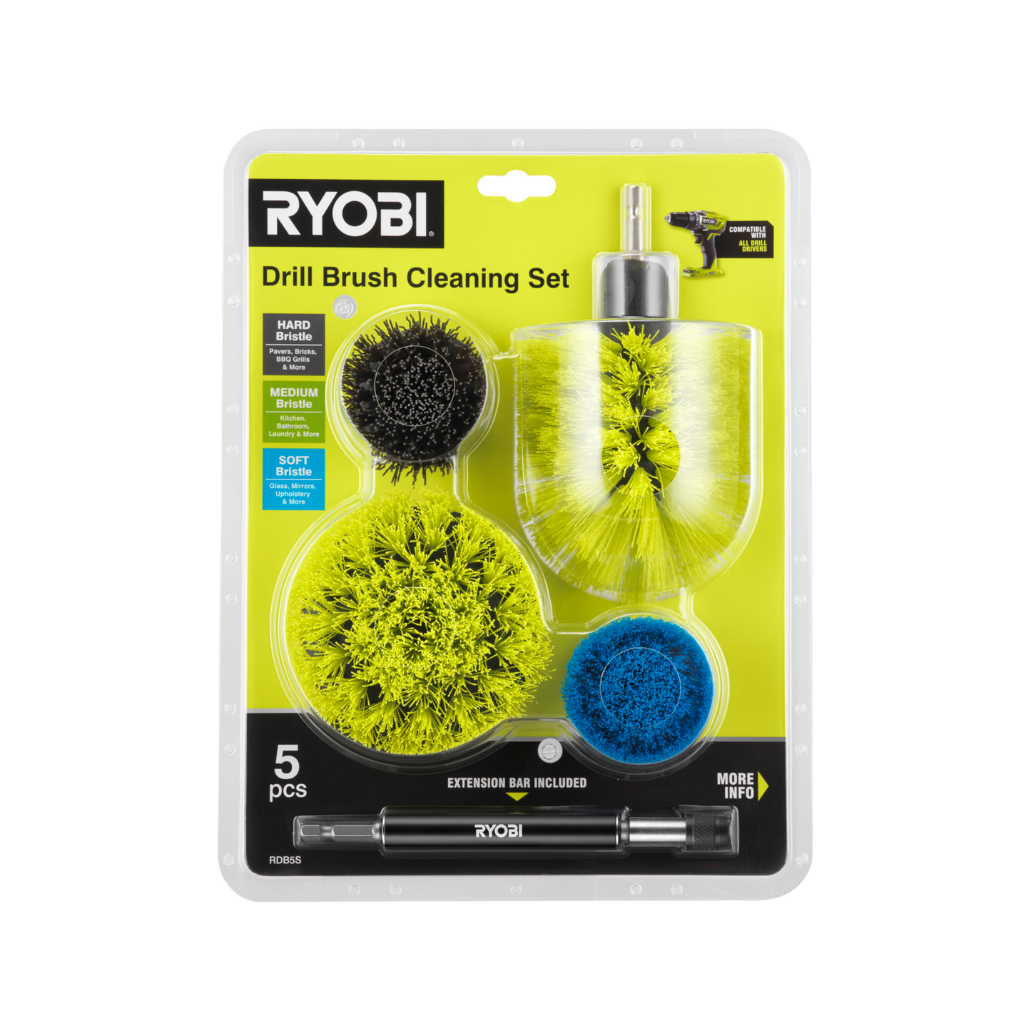 Ryobi Drill Brush Set - 285 x 90 x 218mm - 5 Piece