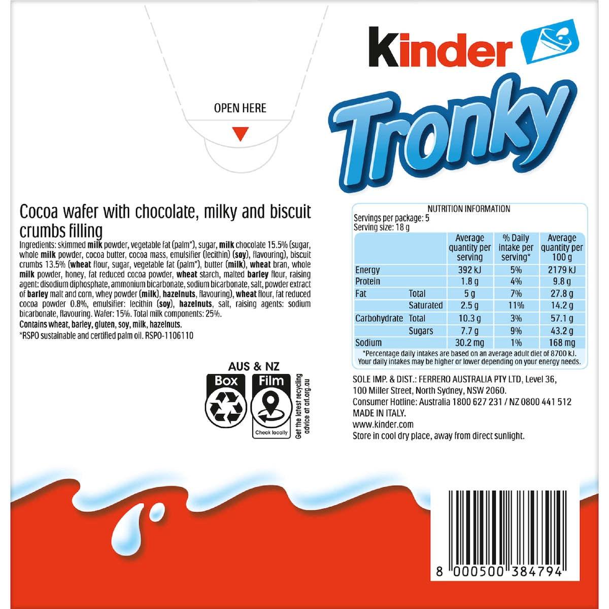 Kinder Tronky Creamy Chocolate Wafer Biscuit 5 Pack