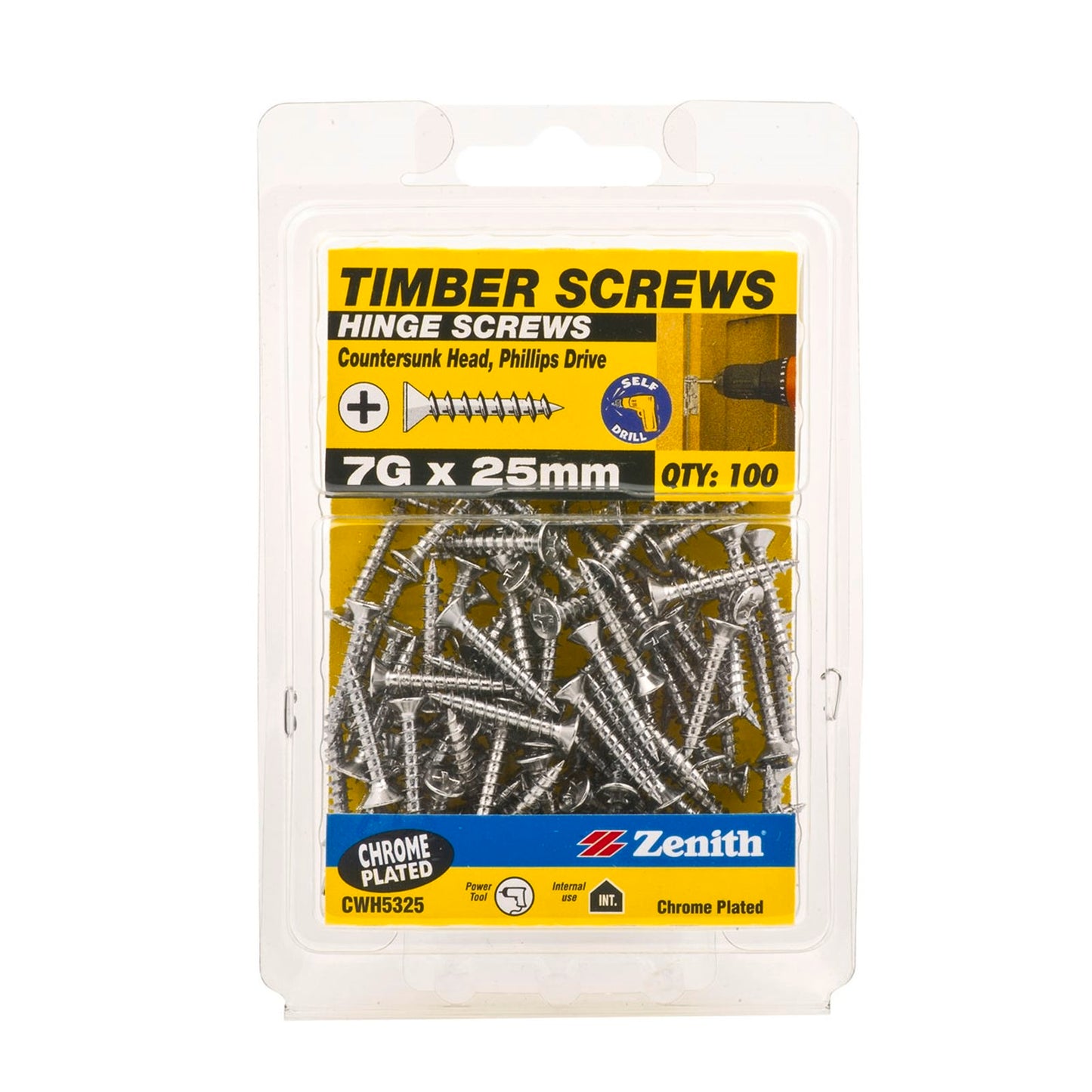 Zenith Timber Screws - 7g x 25mm - Chrome - 100 Pack