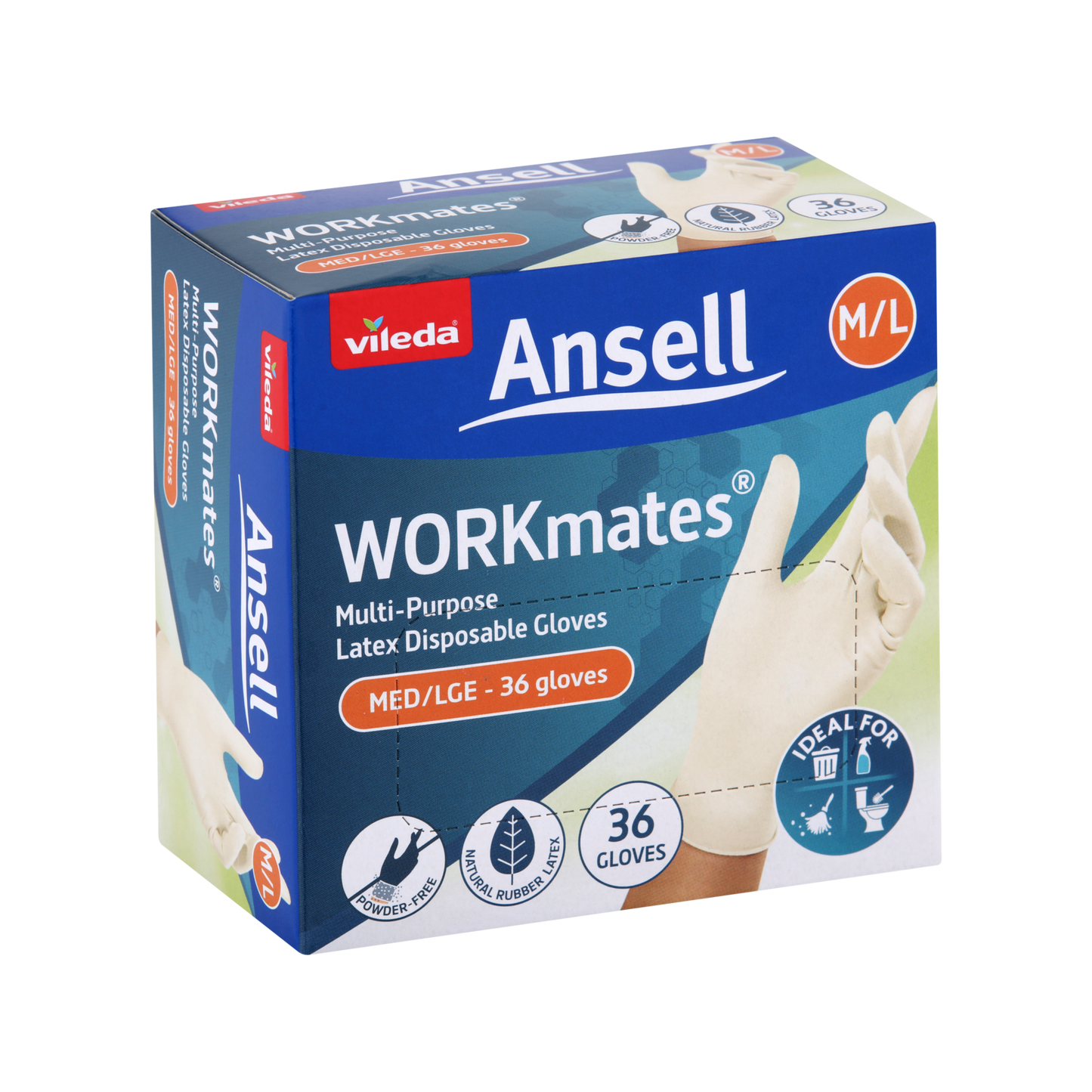 Vileda Ansell Workmates Latex Disposable Gloves Medium Large - 36 Pack