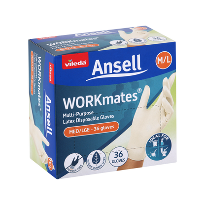 Vileda Ansell Workmates Latex Disposable Gloves Medium Large - 36 Pack