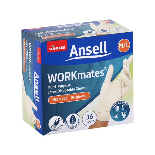 Vileda Ansell Workmates Latex Disposable Gloves Medium Large - 36 Pack