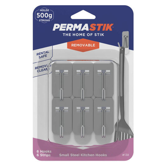 Permastik Small Steel Kitchen Hooks Holds 500g 6 Pack