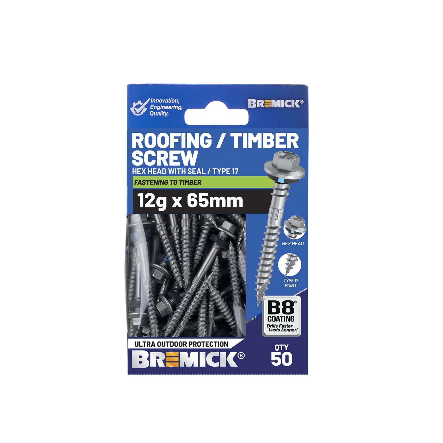 Bremick Hex Roofing Screw - 12g x 65mm - B8 - 50 Pack