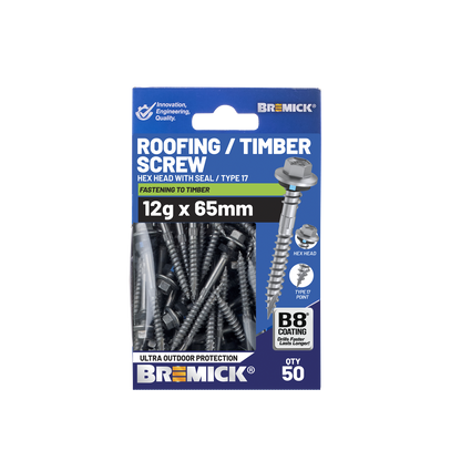 Bremick Hex Roofing Screw - 12g x 65mm - B8 - 50 Pack
