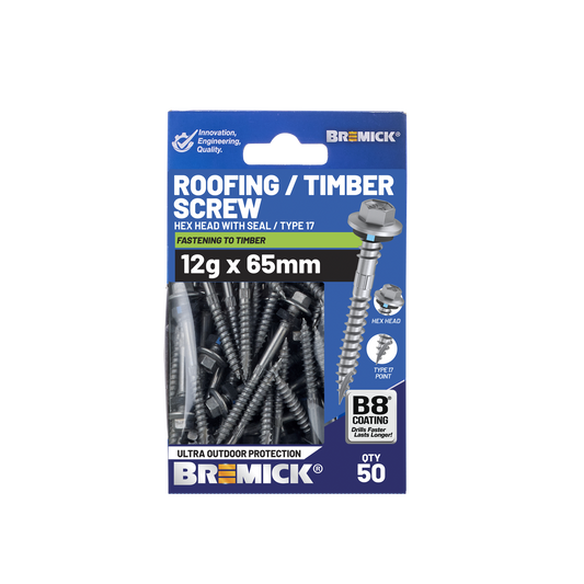Bremick Hex Roofing Screw - 12g x 65mm - B8 - 50 Pack