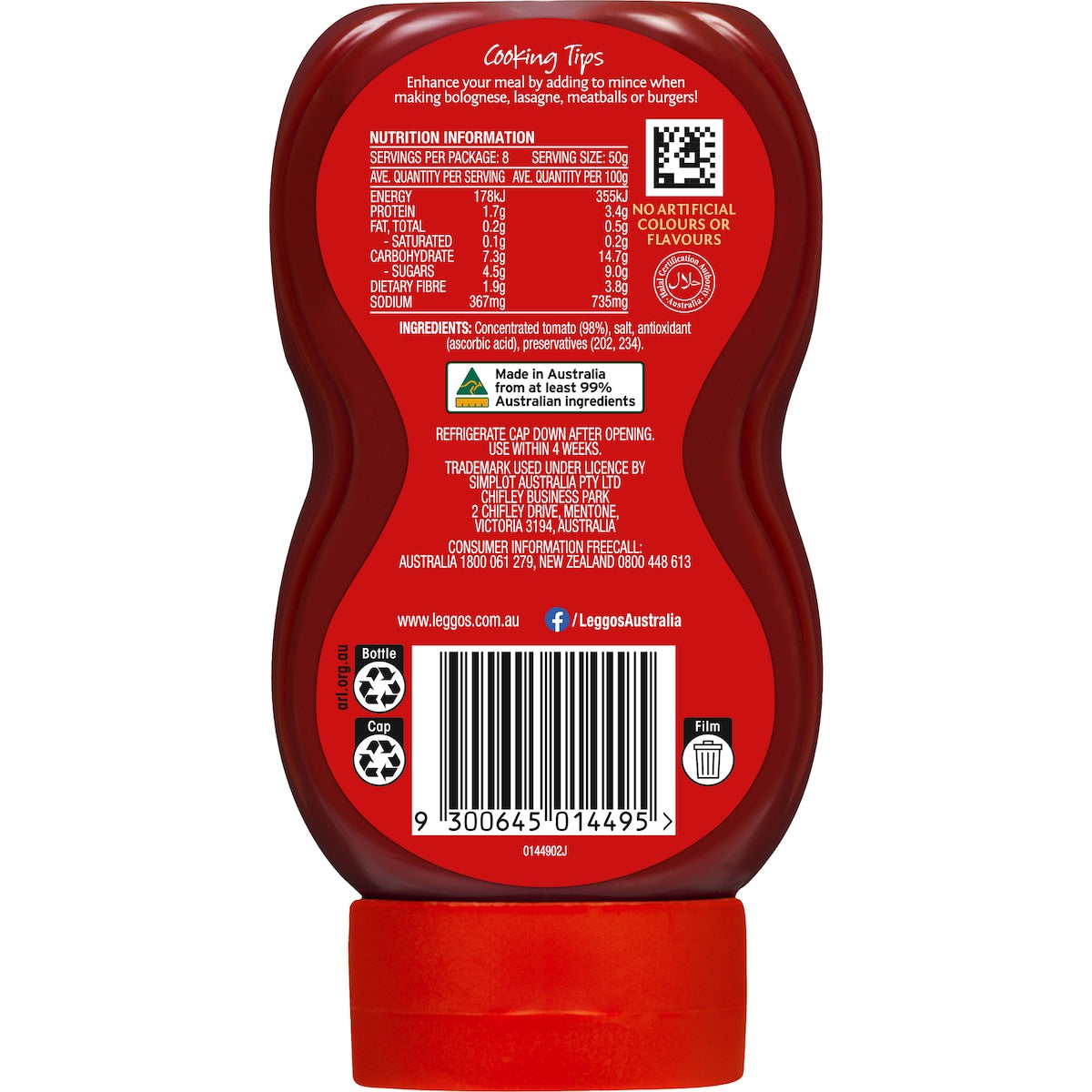 Leggos Australian Grown Tomato Paste Triple Concentrate Squeeze 400g