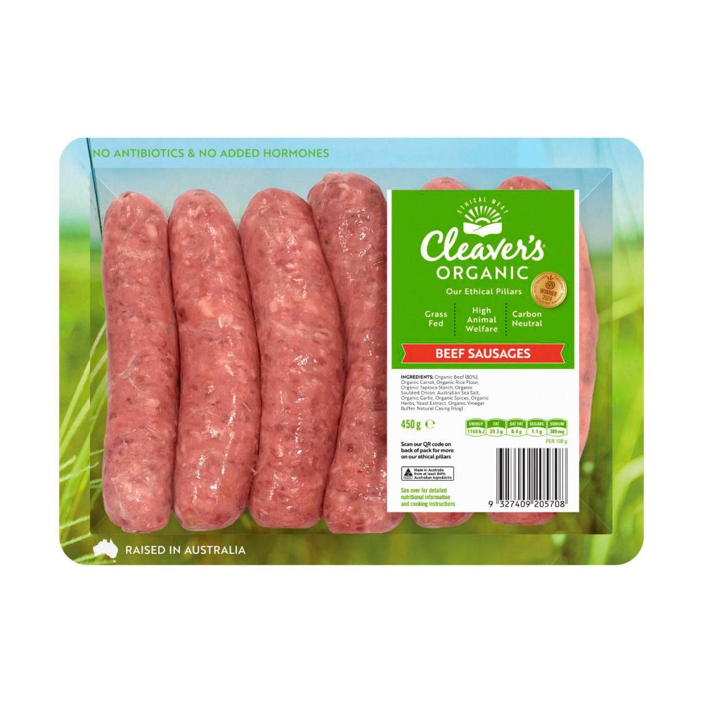 Cleaver's Organic Grass-Fed Beef Sausages Gluten Free - 450g
