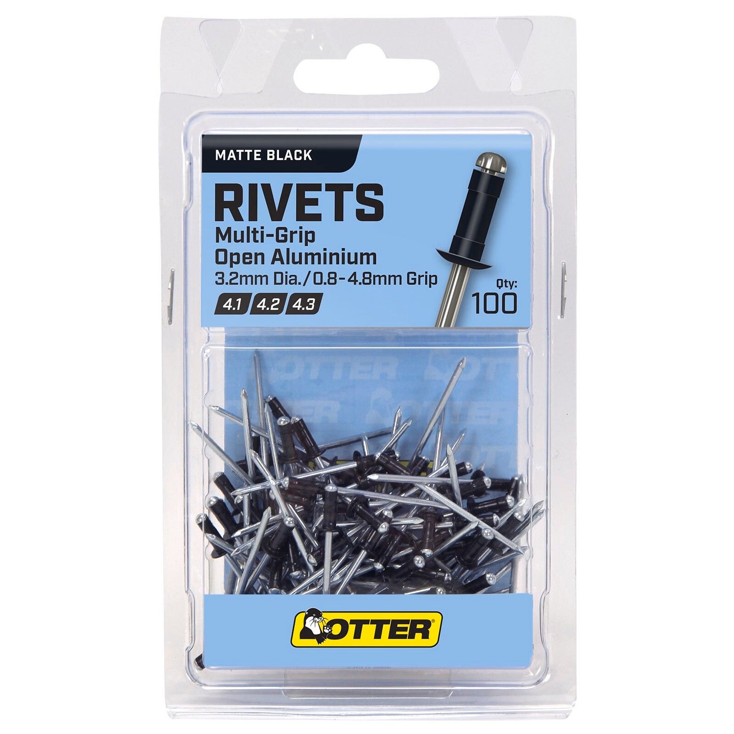 Otter Multi Grip Open Aluminium Blind Rivets - 2 x 0.8-4.8mm - 100 Pack - Black