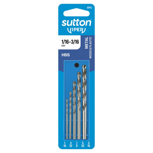 Sutton Tools 1/16" - 3/16" Viper HSS Imperial Drill Bit Set - For Metal, Wood & Plastics - 5 Piece