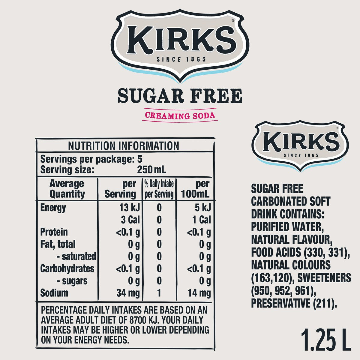 Kirks Sugar Free Creaming Soda Soft Drink Bottle 1.25L