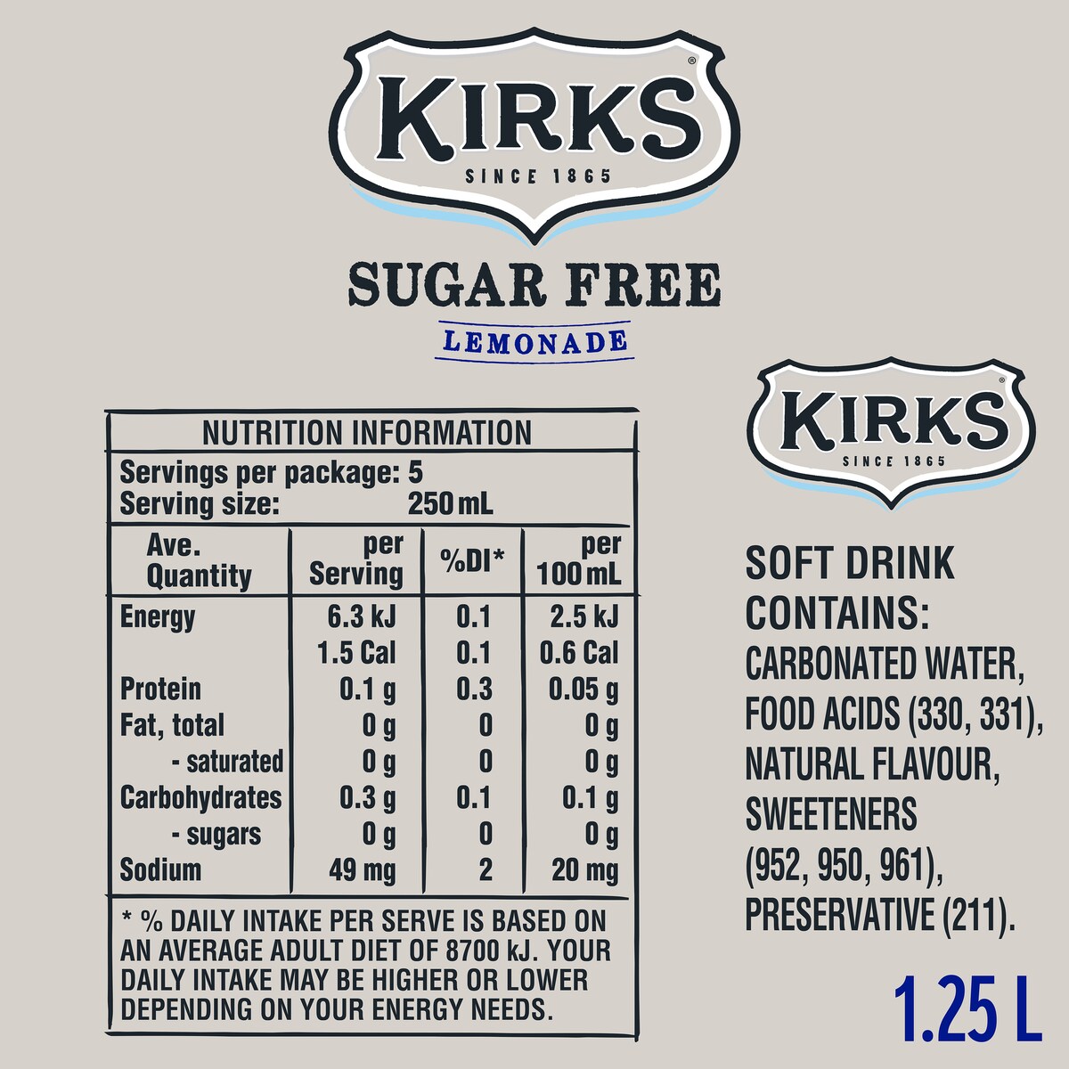 Kirks Sugar Free Lemonade Soft Drink Bottle 1.25L
