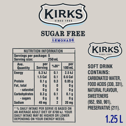 Kirks Sugar Free Lemonade Soft Drink Bottle 1.25l
