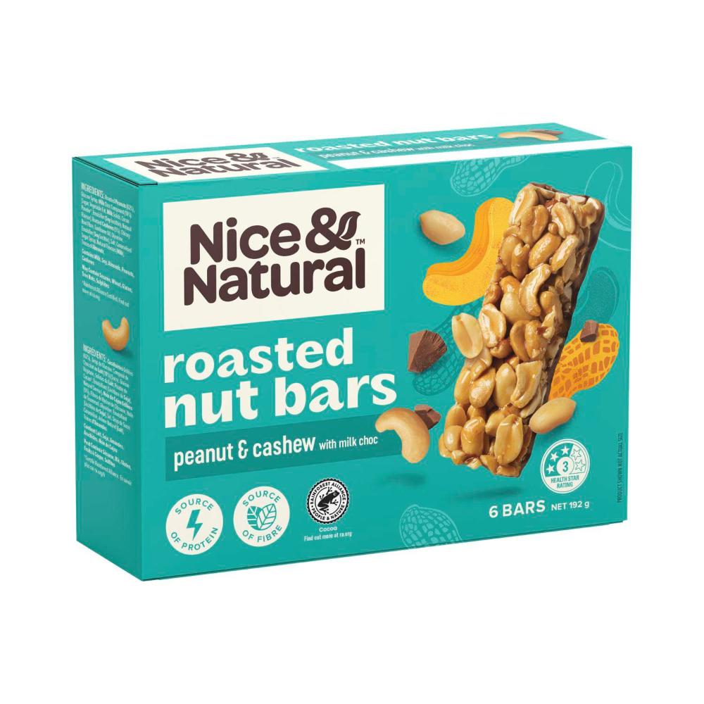 Nice & Natural Nut Bars Peanut & Cashew With Milk Choc Multipack Snacks 6 Pack - 192g