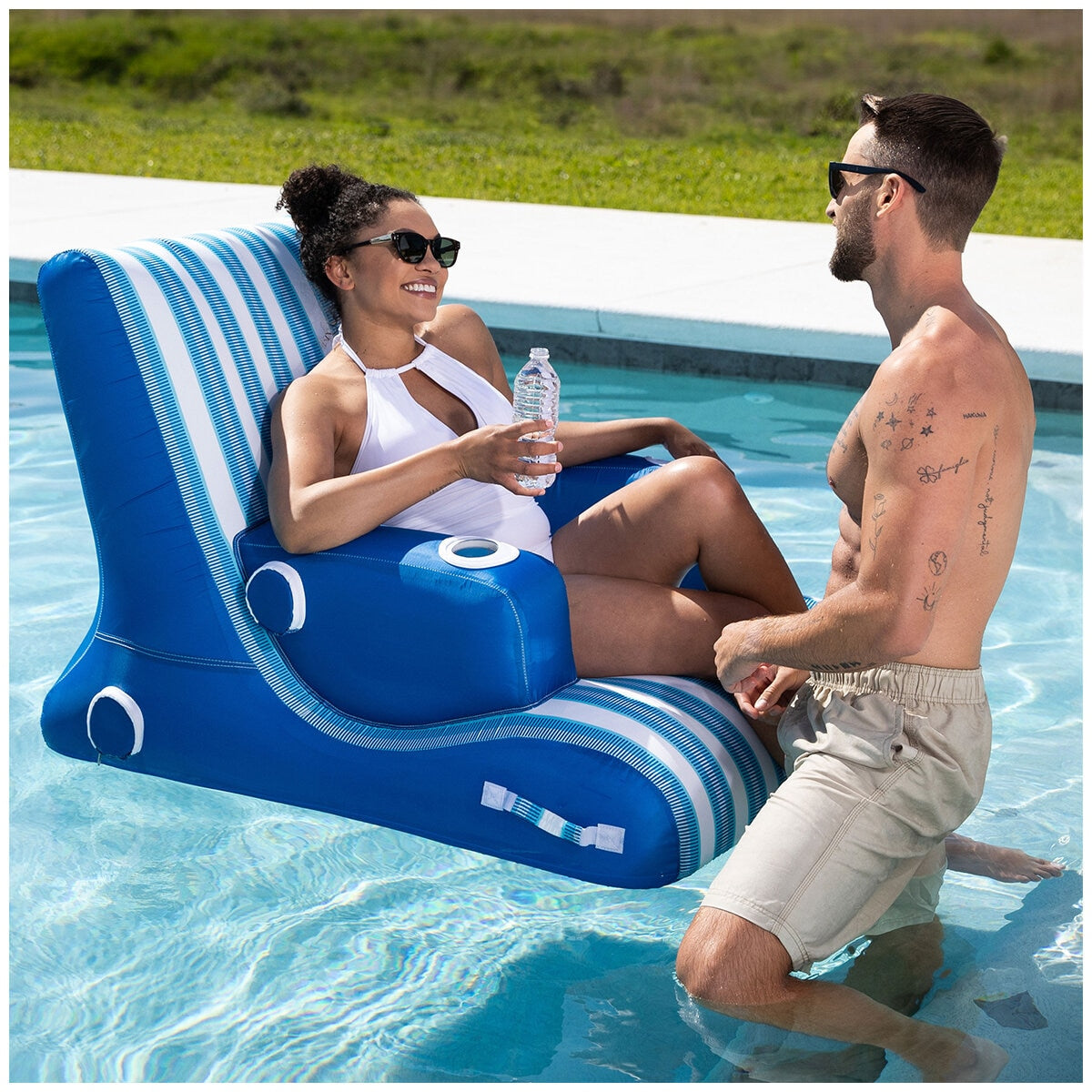 Aqua Pool And Patio Lounge - Oversized In-Pool & Poolside Chair, Aqua Lux Fabric, Drink Holders, Self-Draining Base