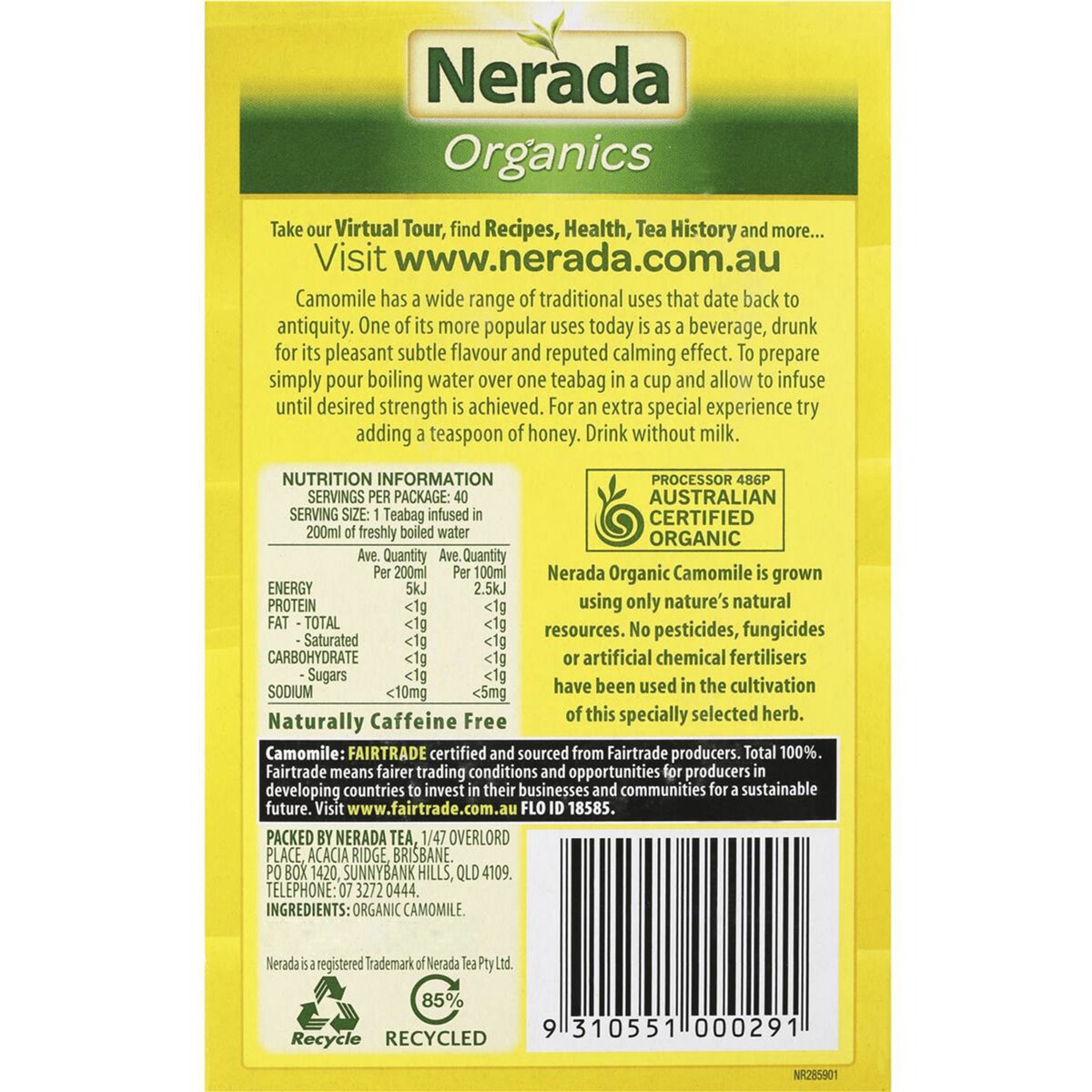 Nerada Organic Camomile Tea Bags 40 pack