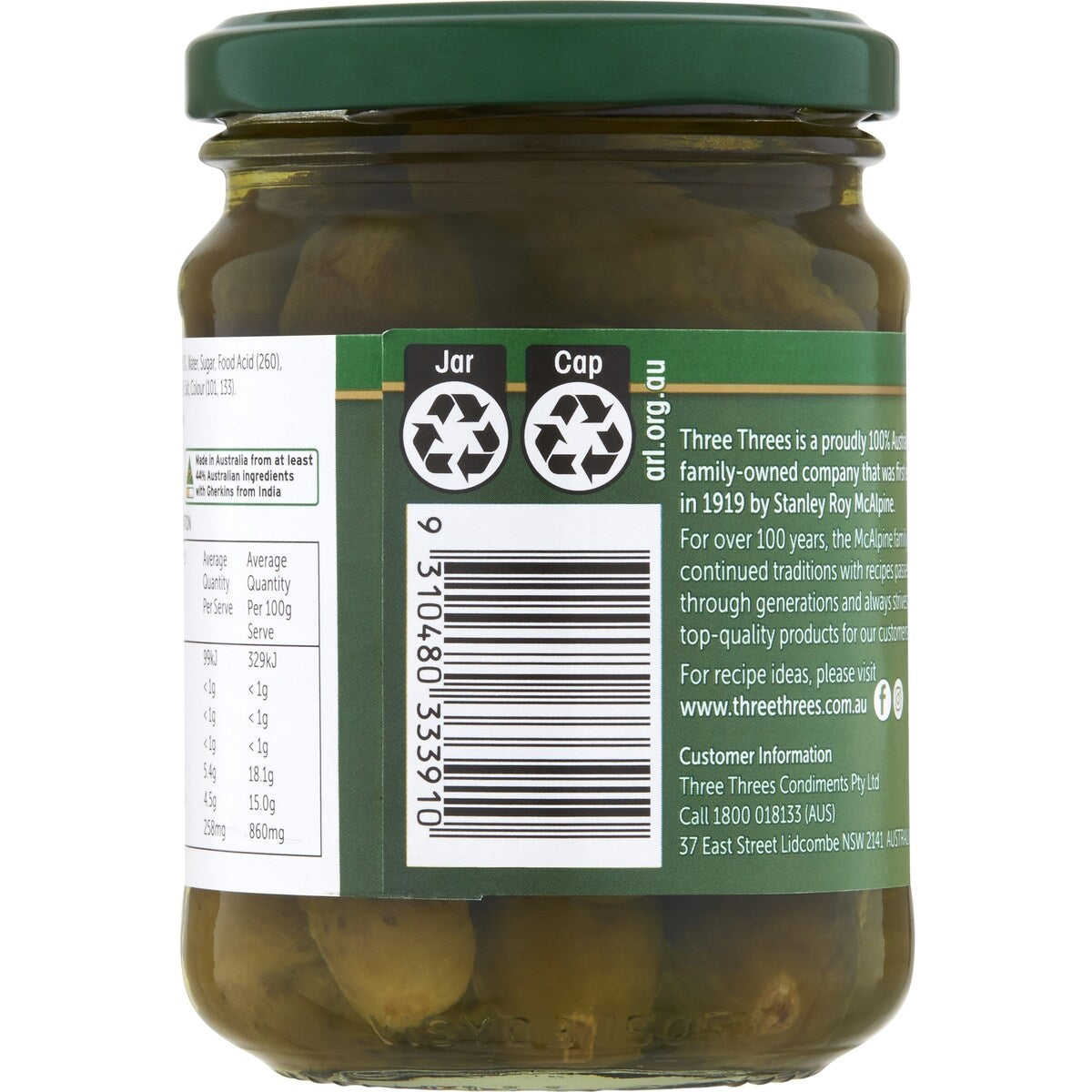 Three Threes Gherkins Sweet Spiced 260g