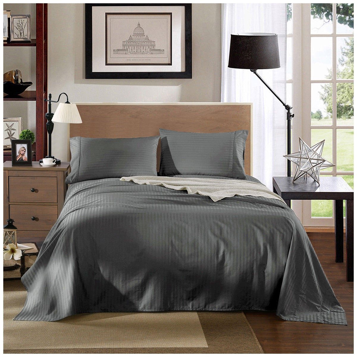 Kensington 1200 Thread Count Stripe Cotton Sheet Set Double Charcoal