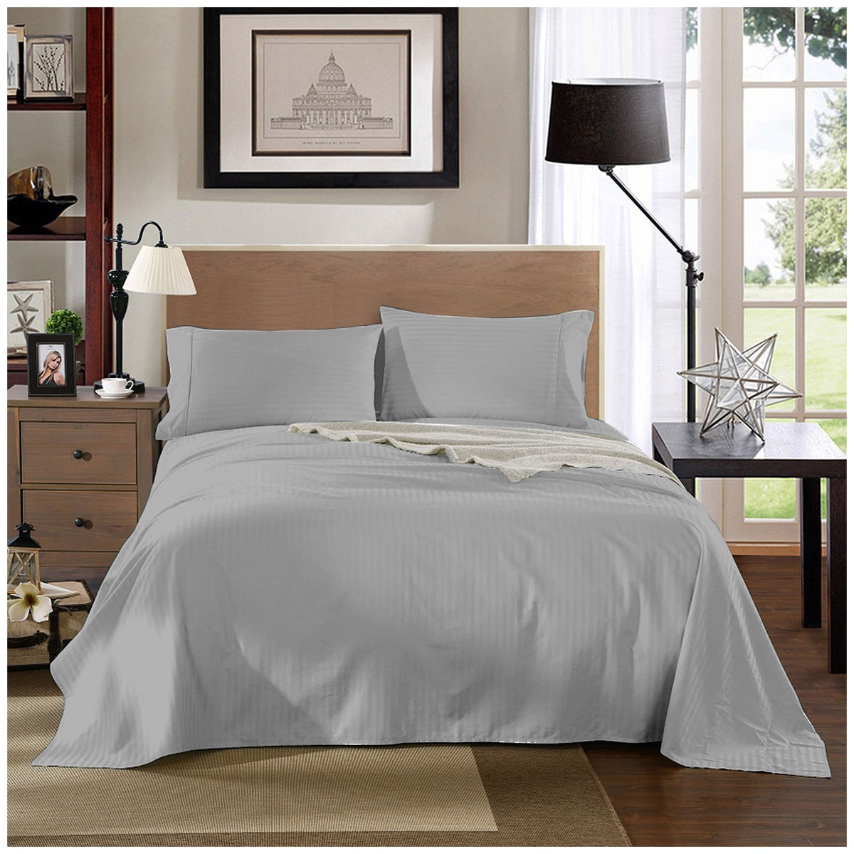 Kensington 1200 Thread Count Stripe Cotton Sheet Set Double Silver