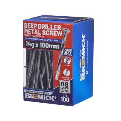 Bremick Metal Deep Driller Screw - 14g x 100mm - 100 Pack