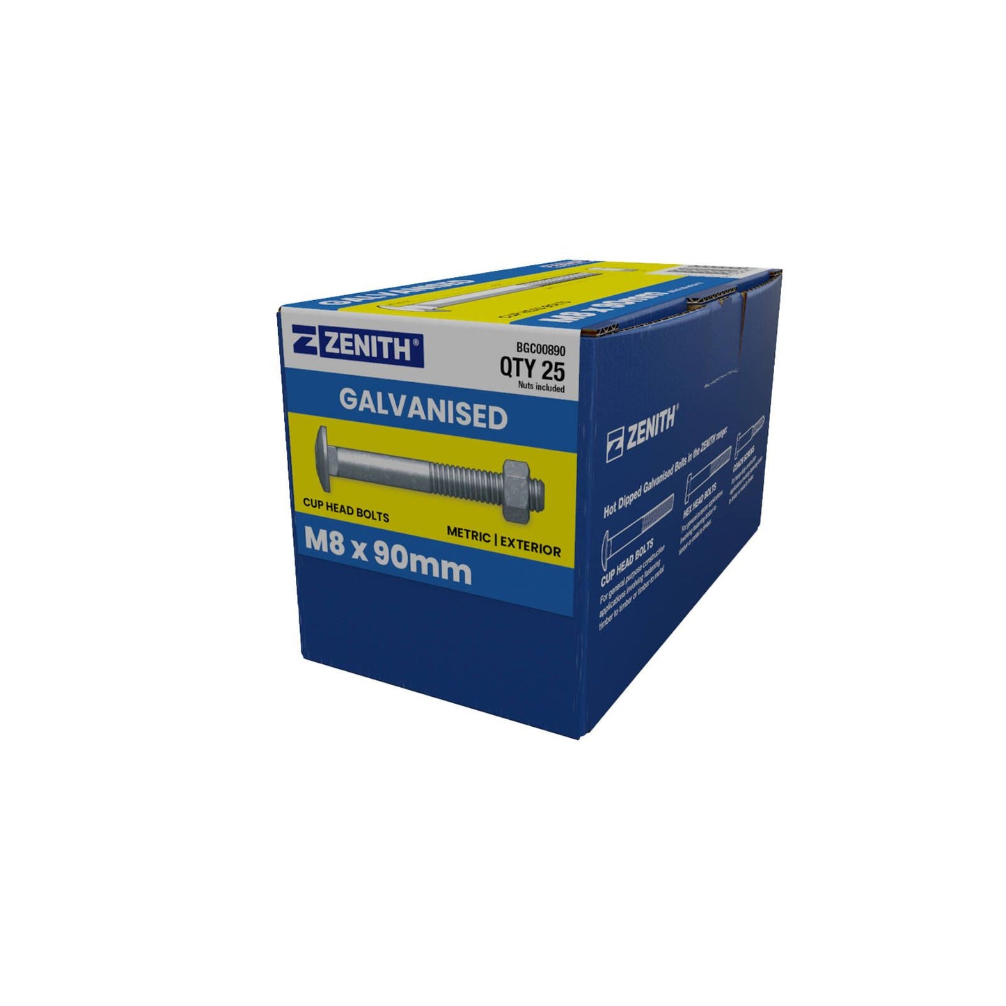 Zenith Hot Dip Galvanised Cup Head Bolts & Nuts - M8 x 90mm - 25 Pack