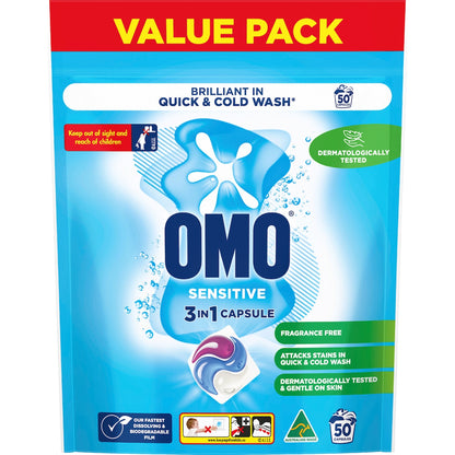 Omo Sensitive Laundry Liquid Capsules Detergent 50 Pack