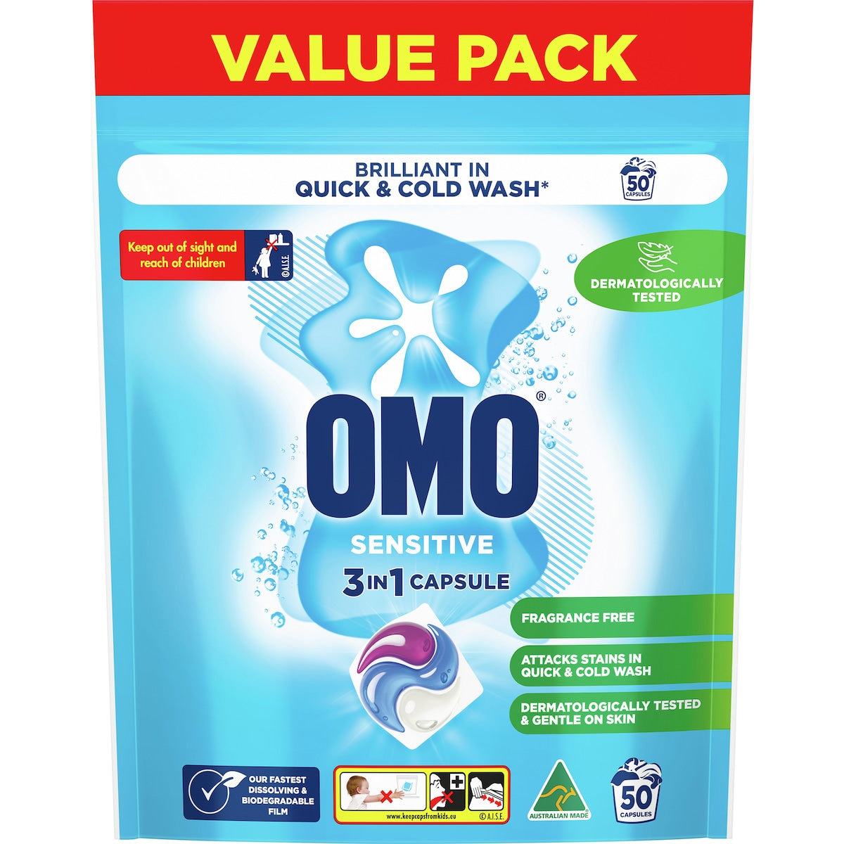 Omo Sensitive Laundry Liquid Capsules Detergent 50 Pack