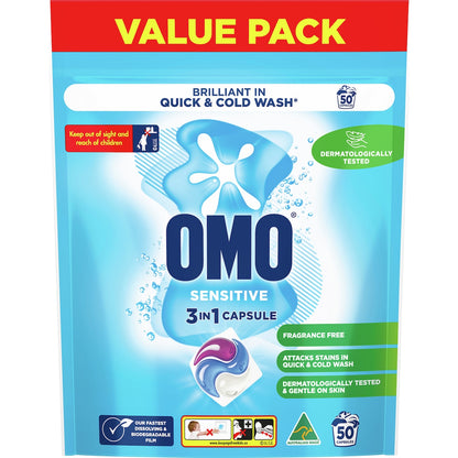 Omo Sensitive Laundry Liquid Capsules Detergent 50 Pack