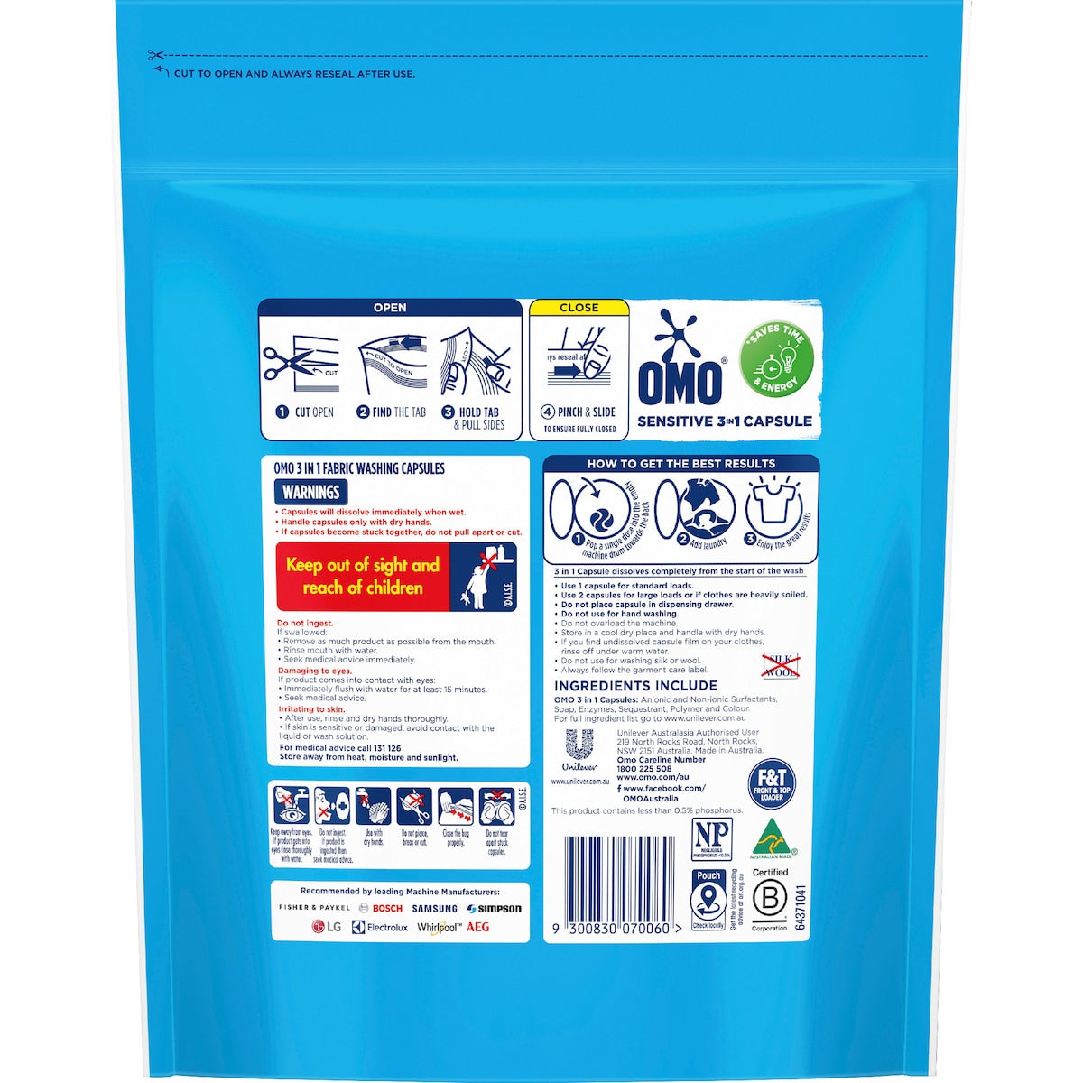 Omo Sensitive Laundry Liquid Capsules Detergent 50 Pack