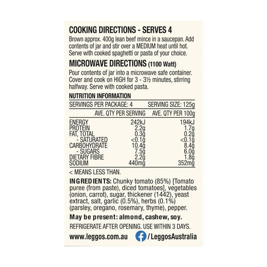 Leggo's Bolognese With Chunky Tomato Garlic & Herbs Pasta Sauce - 500g